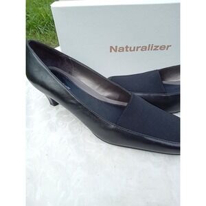 Naturalizer Janet Black Leather Fabric Square Toe Kitten Heel Pumps 7.5N 845N22